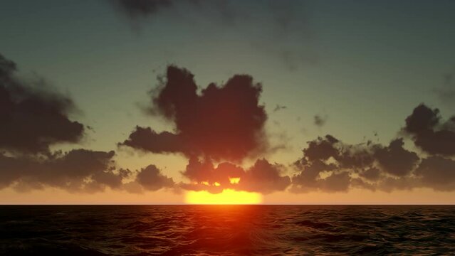Ocean fly over, high speed animation just above the ocean waves facing the sun at sunset.
