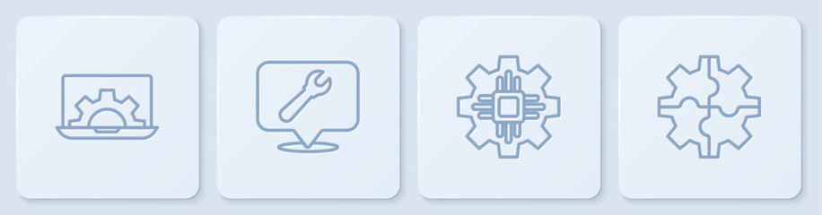 Set line Laptop and gear, Processor, Location with wrench spanner and Gear. White square button. Vector