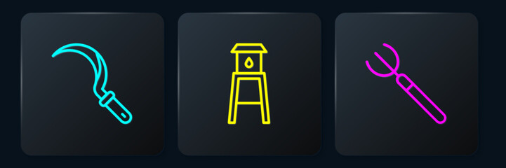 Set line Sickle, Garden pitchfork and Water tower. Black square button. Vector