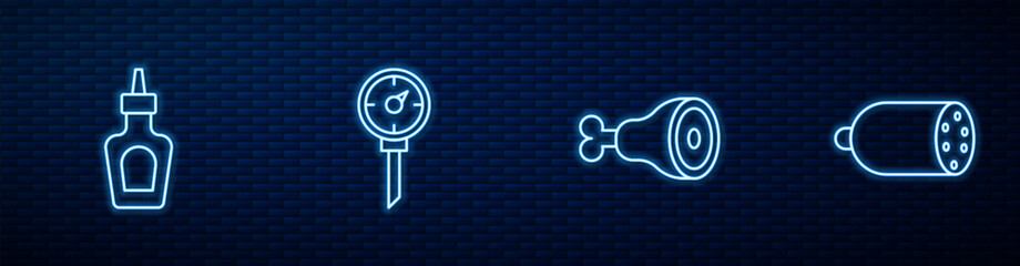 Set line Chicken leg, Sauce bottle, Kitchen thermometer and Salami sausage. Glowing neon icon on brick wall. Vector