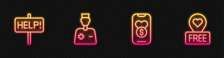 Set line Donation and charity, Help sign, Male doctor and Location with heart. Glowing neon icon. Vector