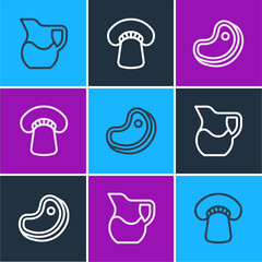 Set line Jug glass with milk, Steak meat and Mushroom icon. Vector