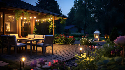 Obraz na płótnie Canvas Summer evening on the patio of beautiful suburban house with lights in the garden garden, digital