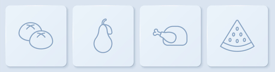 Set line Bread loaf, Roasted turkey or chicken, Pear and Watermelon. White square button. Vector