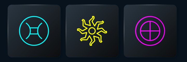 Set line Gemini zodiac, Earth globe and Sun. Black square button. Vector