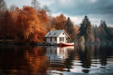 Fototapeta premium romantic white house at a lake in autumn. 