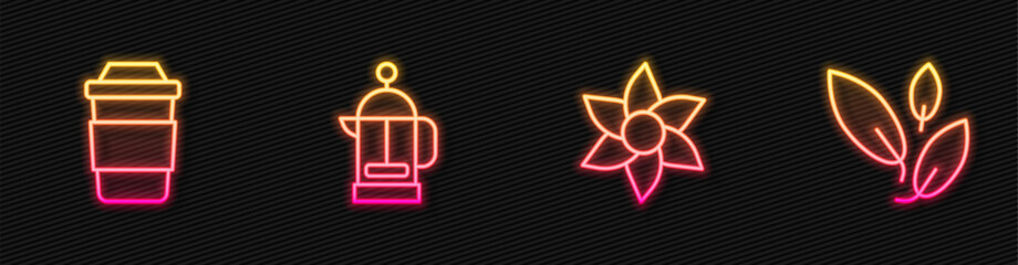 Set line Flower, Cup of tea, French press and Tea leaf. Glowing neon icon. Vector