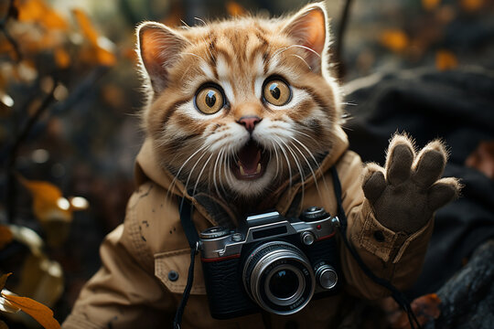 red cat with camera,cat photographer