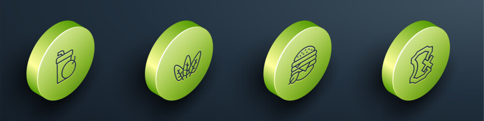 Set Isometric line Fresh smoothie, Leaf, Vegan food diet and No leather icon. Vector
