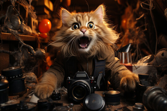 red cat with camera,cat photographer