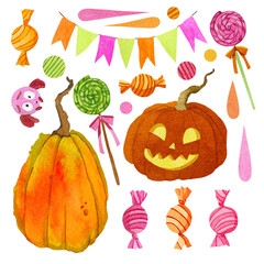 Watercolor set of illustrations on the theme of Halloween