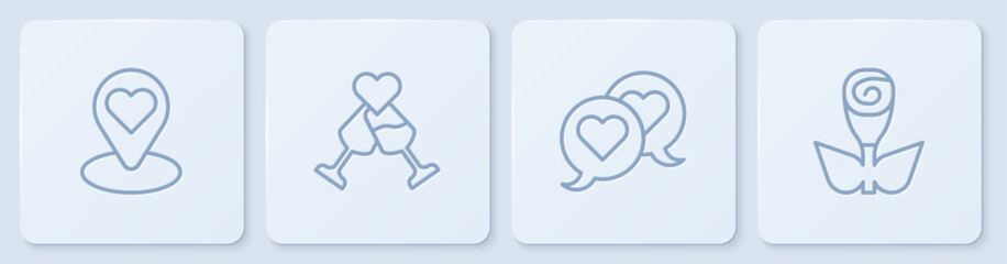 Set line Location with heart, Heart in speech bubble, Glass of champagne and Flower rose. White square button. Vector
