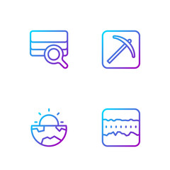 Set line Soil ground layers, Earth core structure crust, analysis and Pickaxe. Gradient color icons. Vector