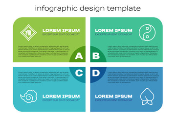 Set line Magic fog or smoke, Chinese New Year, Peach fruit nectarine and Yin Yang symbol. Business infographic template. Vector