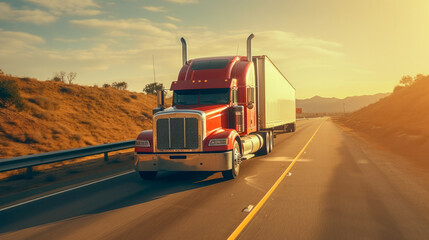 Fototapeta na wymiar American style truck on freeway pulling load. Transportation theme. Road cars theme.