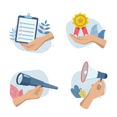 Set of Character hands holding business objects, document, check mark, star award, binoculars, vision, megaphone, Illustration ideas for web pages, ads, Vector design.