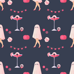 Seamless pattern pink ghost girl glamour, pumpkin, cocktail, Halloween party