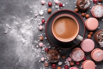 Obraz na płótnie Canvas Flat lay arrangement showcasing snowy delights and hot latte, chocolate, lemon water