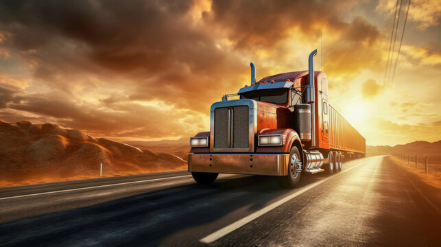 American style truck on freeway pulling load. Transportation theme. Road cars theme.