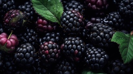 Realistic photo of a bunch of blackberries. top view fruit scenery