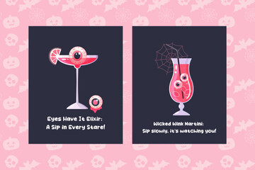 Pink Halloween poster, cocktail, girl, caption, lettering, funny caption