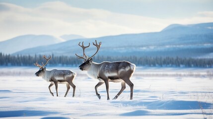 Obraz premium Reindeer herds on a vast snowy tundra landscape 