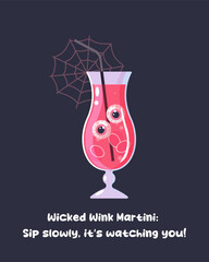 Pink Halloween poster, cocktail, girl, caption, lettering, funny caption