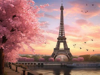 Eiffel Amidst Cherry Blossoms - obrazy, fototapety, plakaty