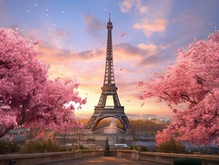 Eiffel Amidst Cherry Blossoms - obrazy, fototapety, plakaty
