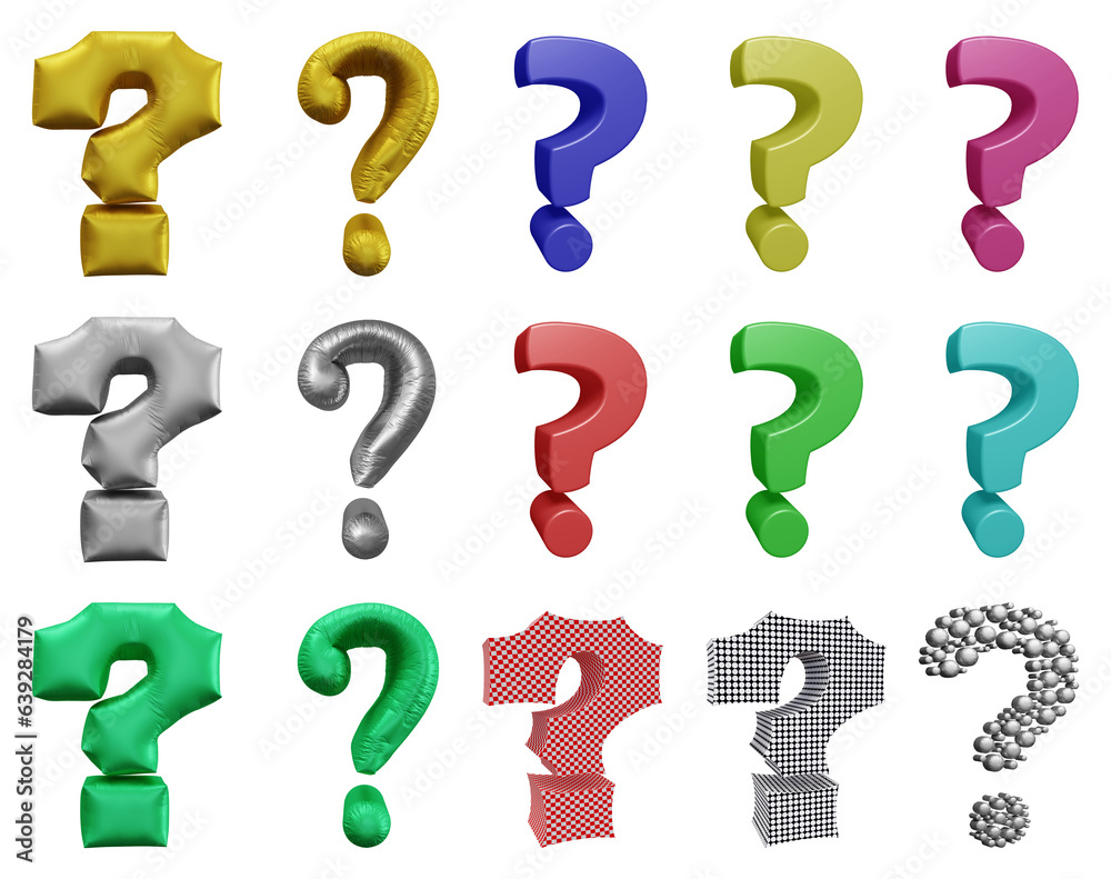 Poster set of question mark symbol design. ask icon or sign shape isolated on transparent background in 3d 