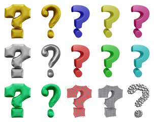 Set of question mark symbol design. Ask icon or sign shape isolated on transparent background in 3d rendering.