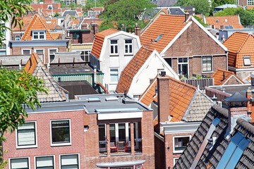 Aerial view of red roofs of  houses in the city center of Leiden in the Netherlands