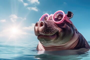 Happy hippo in pinkish goggles swimming in the sea in sunny weather. - obrazy, fototapety, plakaty