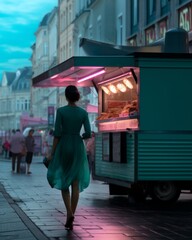 A woman in a teal blue dress walking down the street next to a street vendor illuminated by pink neon lights. A sunset European city scene.