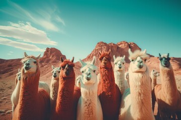 A group of white and reddish brown llamas looking towards camera in the mountain desert terrain with sunny blue sky in the background. South American animals posing in arid landscape.
