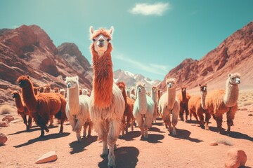 A group of white and reddish brown llamas walking towards camera in the mountain desert terrain with sunny blue sky in the background. South American animals landscape.