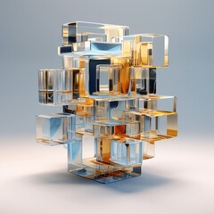 Abstract glass cubes 3d rendered illustration in shades of blue and yellow.