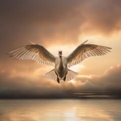 A large swan flying towards camera backlit with sunset shining through clouds. Wide spread wings freedom bird concept.