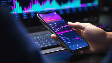 Person looking at smartphone with a cryptocurrency wallet. Next to the person, laptop with an open chart showing price fluctuations on the exchange. Banner. Generative Ai content.