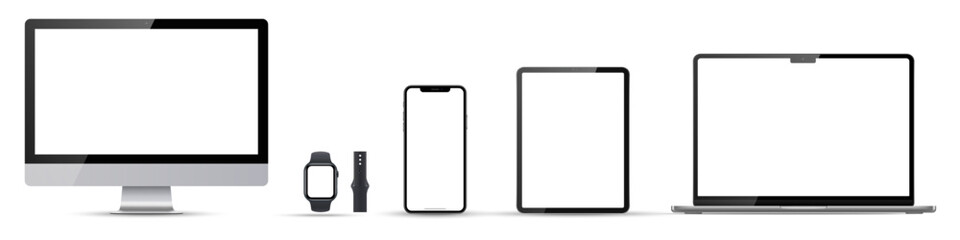 Set of computer, laptop, phone, tablet and watch on transparent background with transparent screen. Vector illustration. Devices with blank screens.