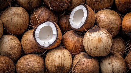 Realistic photo of a bunch of coconuts. top view fruit scenery - obrazy, fototapety, plakaty