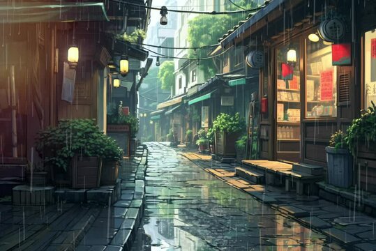 rain in traditional japanese countryside in anime illustration style, 4K animated background