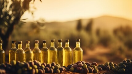 Olives bottles with olive oil In the olive grove