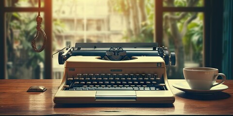 Typewriter and Laptop on Table