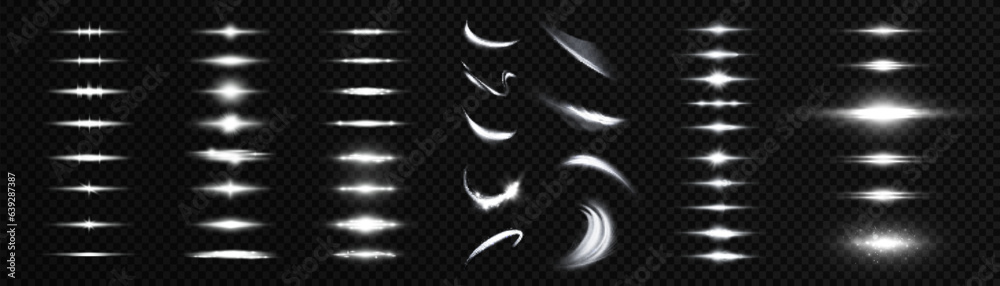 Fototapete set of horizontal light effects of curved light swirls. flashes of light on a transparent background
