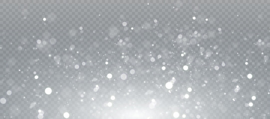 Bright bokeh of white dust. Christmas glowing bokeh and glitter overlay texture for your design on a transparent background. White particles abstract vector background.