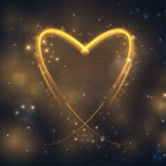 Glittering golden frame in the shape of a heart with shimmering light effects. Design element for Valentine's Day. Vector - obrazy, fototapety, plakaty