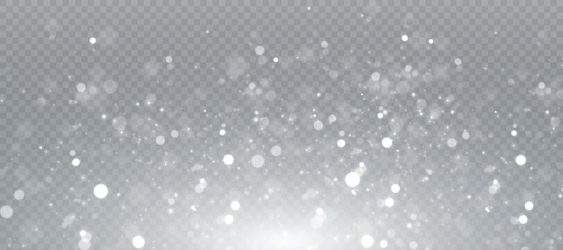 Bright bokeh of white dust. Christmas glowing bokeh and glitter overlay texture for your design on a transparent background. White particles abstract vector background.
