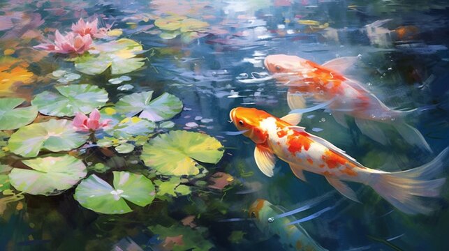 serene koi fish pond with lily pads watercolor paintin.Generative AI