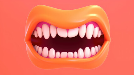Monstrous Grin Unleashed: A Halloween design concept of a Cartoon Vampire's Big Open Mouth with Sharp Teeth and Playful Tongue, Isolated on orange background. Generative AI